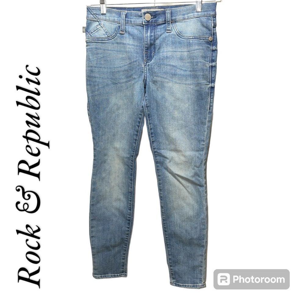 Rock & Republic Kashmiere Denim Stretch Studded Light Wash Skinny Jeans Size 10M